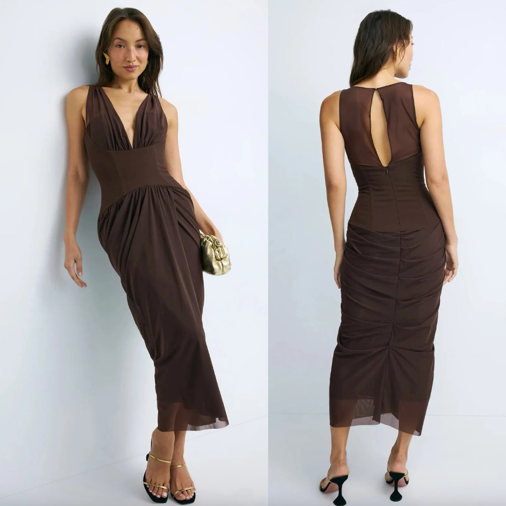 Black Halo Elara Midi Dress In Espresso Brown Sexy Formal Cocktail Gown 2 Xs